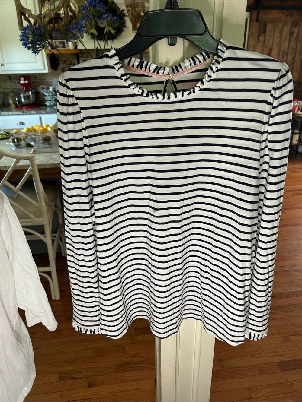 Boden Black & White Striped Ruffle-Trim Long Sleeve Top